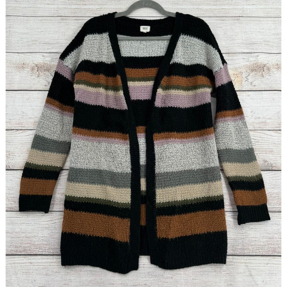 BKE Buckle‎ Striped Open Front Cardigan Sweater Womens Medium Gray Black Purple